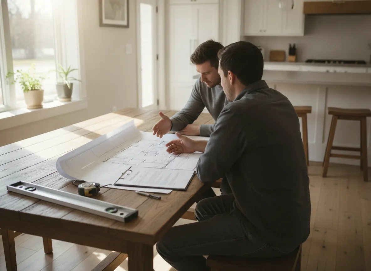 Homeowner and contractor reviewing a repair drawing and engineer's report