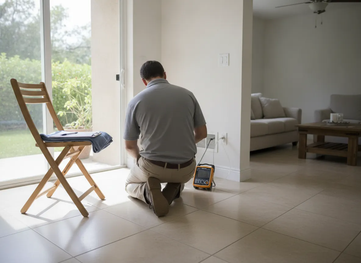 Engineer measuring floor elevation with a digital level in a Florida living room